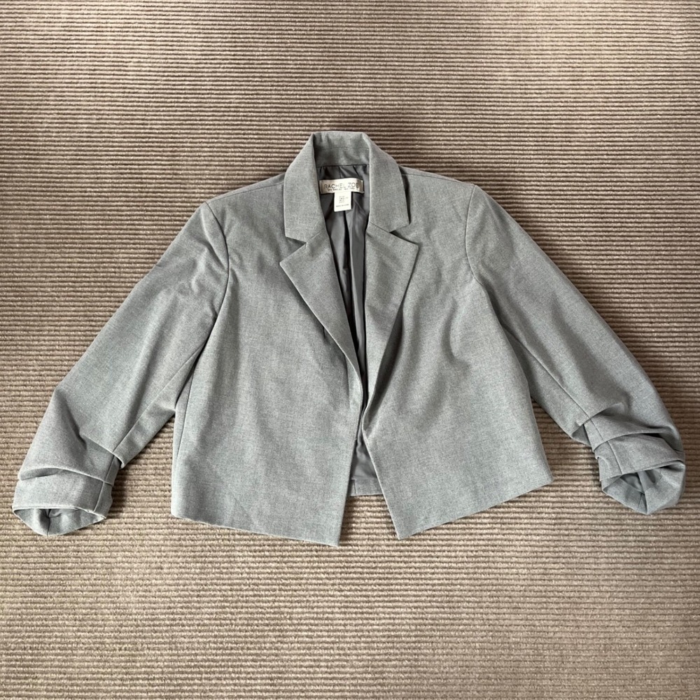 Rachel Zoe Womens Gray Cropped Ruched 3/4 Sleeve Open Front Blazer Jacket Sz XS